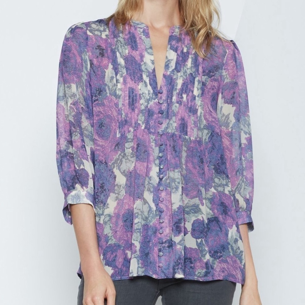 Joie purple floral 100% silk 3/4 sleeve button front top blouse size XS